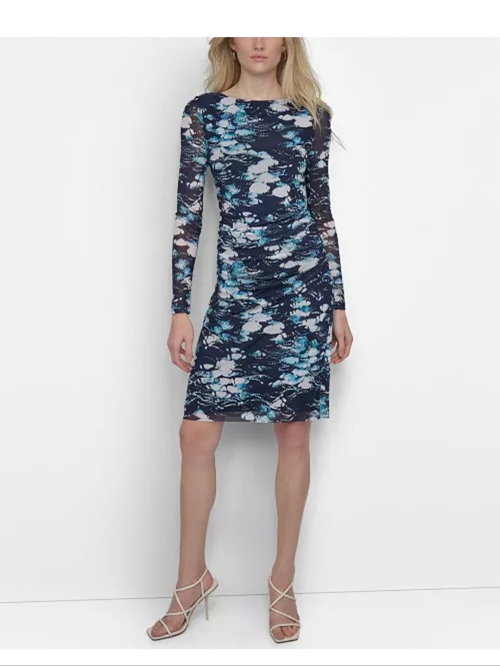 DKNY Ruched Sheath Dress Size 6 Navy Blue Floral Long Sleeve Mesh Cocktail NWT